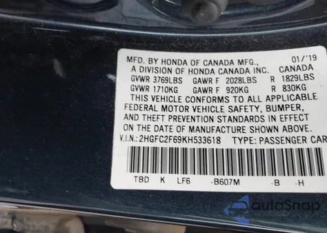 2019 Honda Civic Lx из США, поврежденный, VIN 2HGFC2F69KH533618